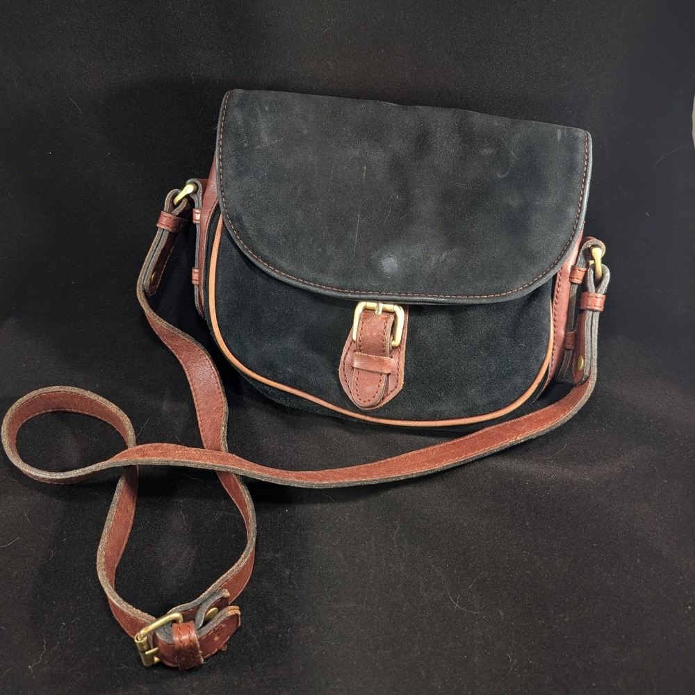 Y2K 90s Liz Claiborne Leather Co. Suede Crossbody Bag Black Brown Buckle Strapo